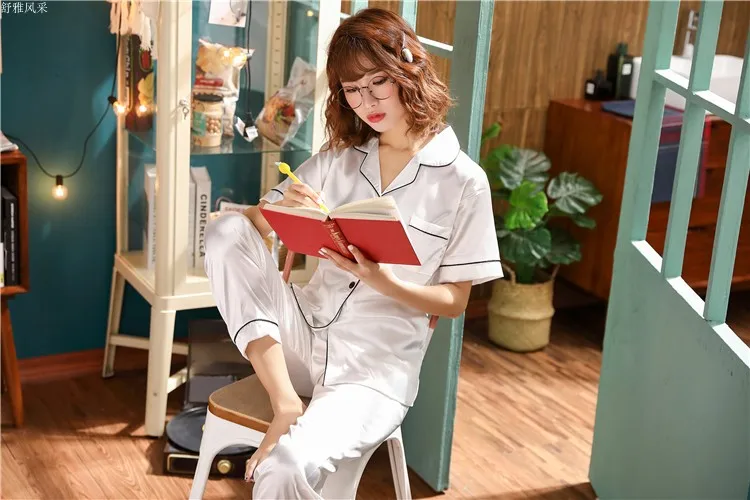 Весенние женские сексуальные атласные шелковые пижамы, наборы, женские топы с коротким рукавом+ длинные штаны, одежда для сна, женская пижама