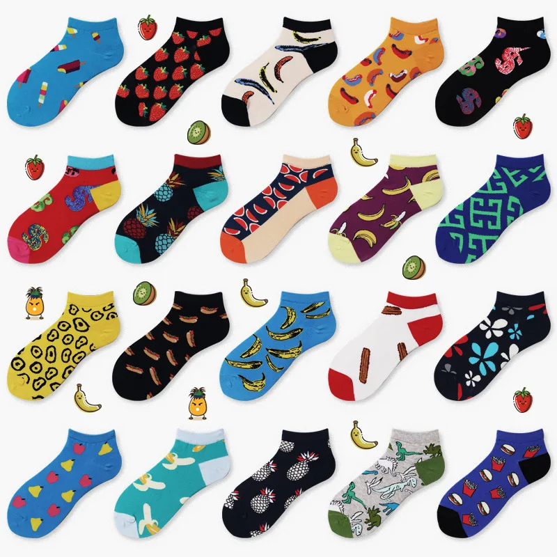 Носки для мужчин; сезон весна-лето; хлопковые короткие носки с принтом авокадо, фруктов, закусок, еды; милые забавные носки в стиле Харадзюку; meias;