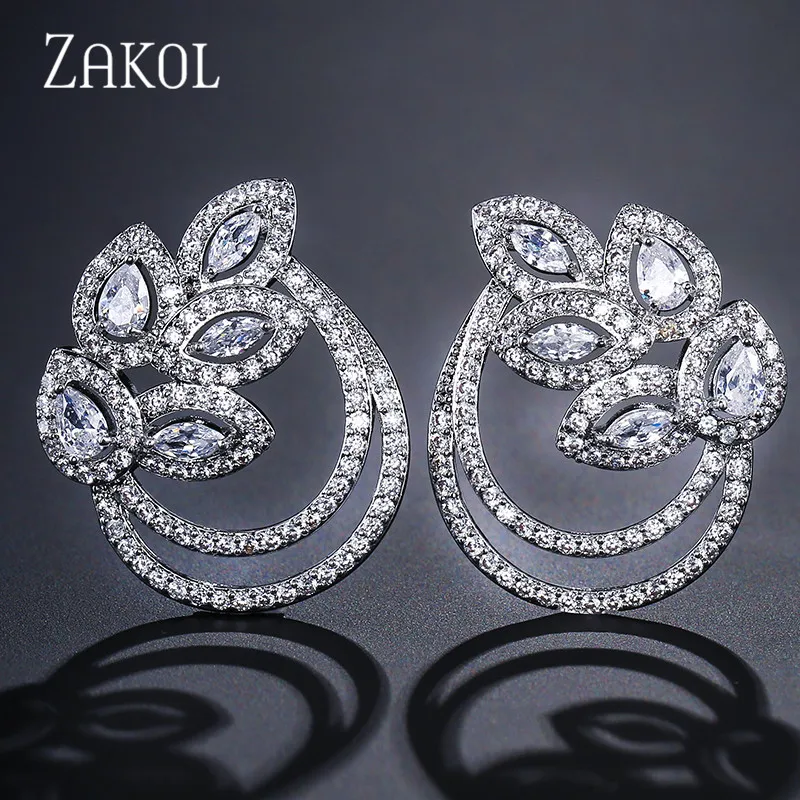 

ZAKOL Luxury Clear Zircon Leaf Cubic Zirconia Stud Earrings for Women Fashion Wedding Jewelry FSEP2130