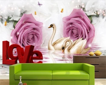 

beibehang wall papers home decor Premium Interior Silk Cloth Wallpaper 3D behang Romantic Rose Swan TV Background papel tapiz