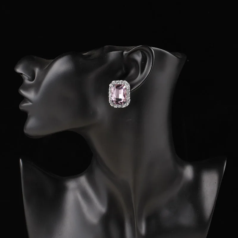 Fashion Pink Multicolor Crystal Oblong Clip Earrings For Women Jewelry Rhinestones Bridal Earrings Wedding Prom Jewelry Gifts ear clip earrings clip earrings ear clip