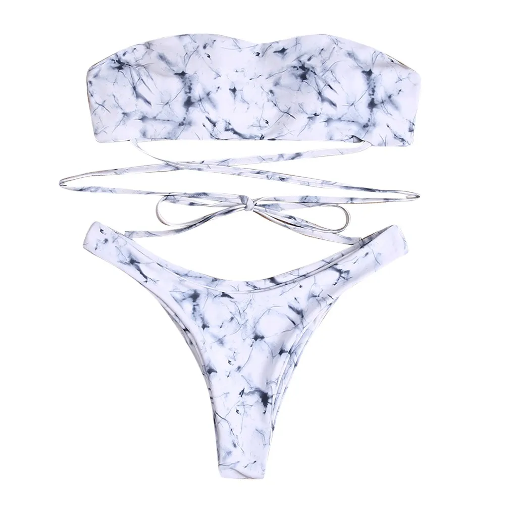 

New Bandeau Bikini Set Bohemian Print Swimsuit Two-Piece Marble Print Bandage Bikini Swimsuit Thong Push Up Monokini #Y1
