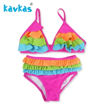 

Kavkas Newborn Baby Girl Swimwear Rainbow Patchwork Toddler Girls Swimsuit Bikini Two Pieces Set Banadores Nino