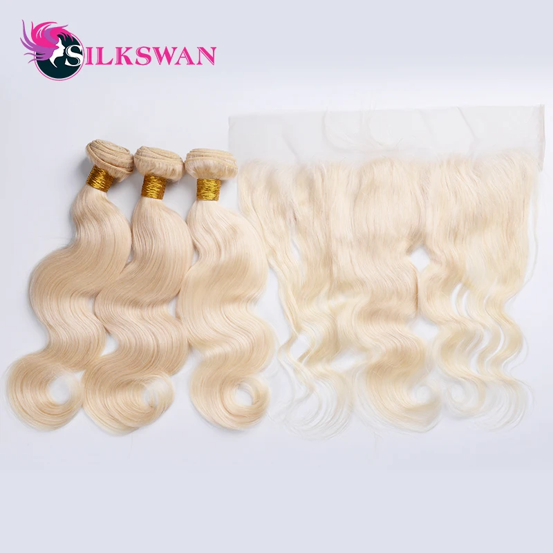 Silkswan Remy Hair Blonde Color Hair Wefts 3 Bundle with 13*4 Ear to Ear Lace Frontal Closure Indian Human Hair Blonde 613 Hair