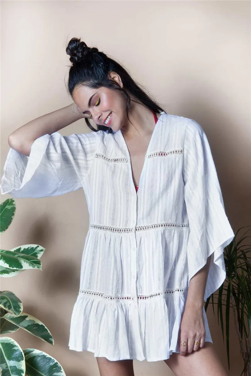 

Sexy White Ruffle Beach Dress Cover up Kaftans Sarong Bathing Suit Cover ups Pareos Swimsuit Womens Swim Wear Beach Tunic