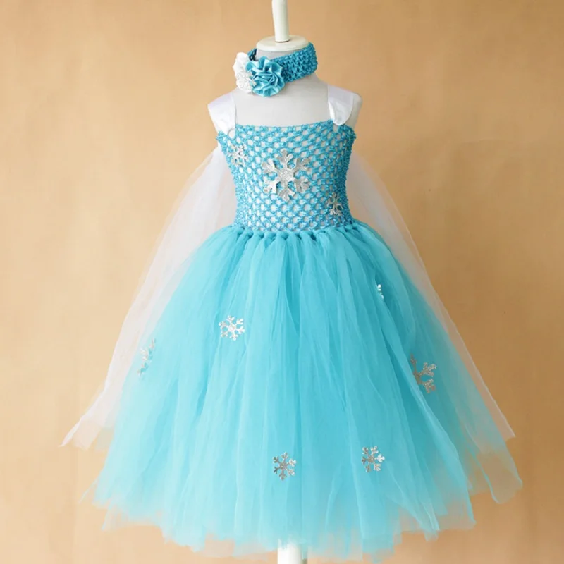 

New Elsa Costumes tutu dress for baby girls cosply Hot snow flakes tutu party dress birthday party photo props dresses mesh diy