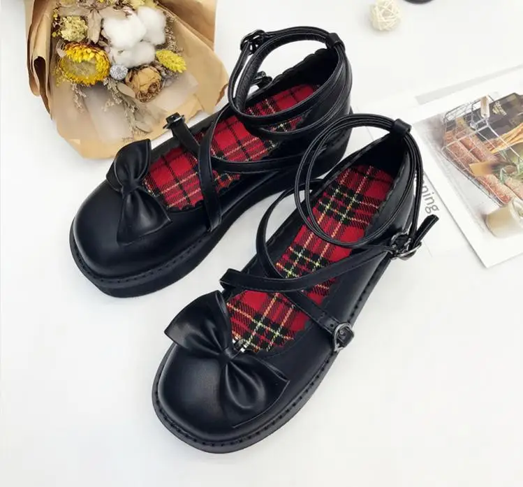 Японские милые туфли принцессы Лолиты с бантиком на низком каблуке с круглым носком; черные туфли на плоской платформе