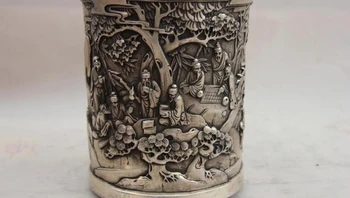 

China White Copper Silver Old people Landscape pencil vase Pen case brush pot