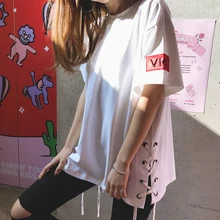 Harajuku стиль, повседневные Длинные Топы, женская одежда, новинка, корейская мода, вышивка, половина рукава, свободные топы с круглым вырезом, футболки с принтом