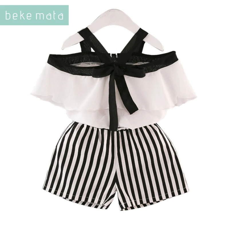 

BEKE MATA Kids Girls Clothes Set Summer 2018 New Off Shoulder Chiffon Shirt+striped Short Pants 2PCS Girl Suit Children Clothing