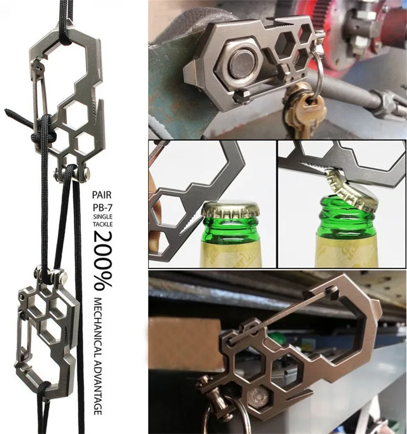 Outdoor Multifunction EDC Tool Hexagon Wrench Para-Biner Pulley System Stainless Steel Carabiner Opener Rope Hang Pulley Buckle