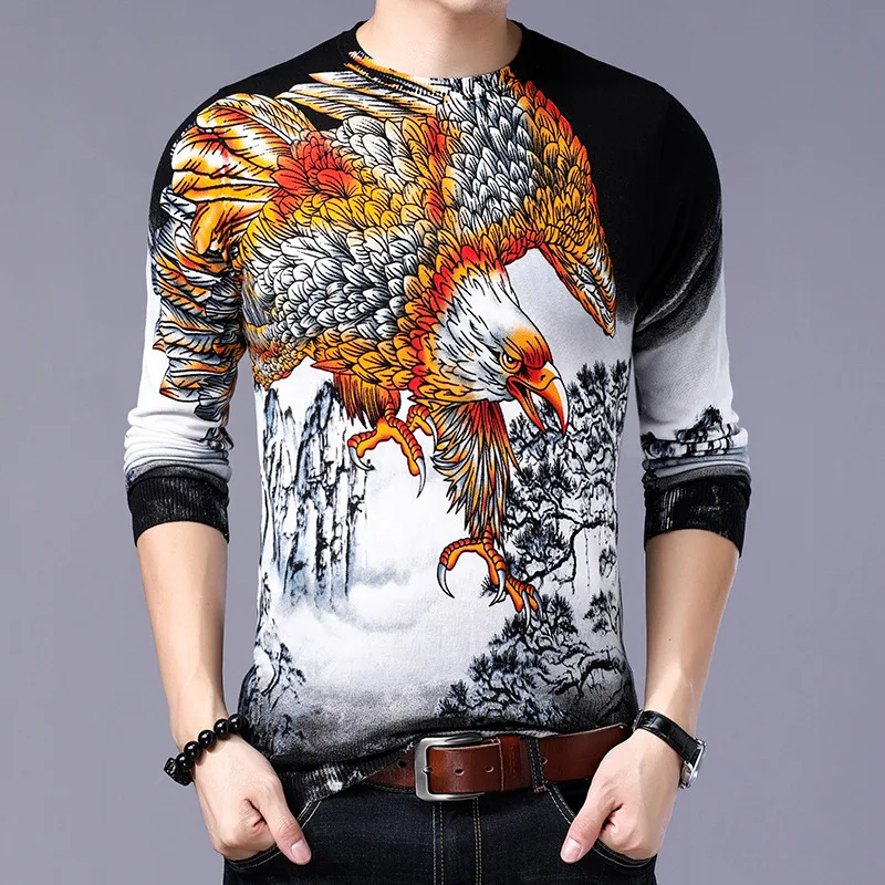 

Exquisite 3D eagle pattern printing fashion boutique pullover sweater Autumn 2019 quality cotton soft elastic sweater men M-XXXL