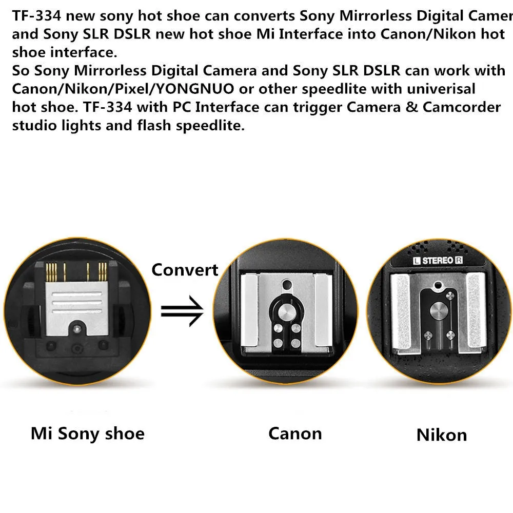 Pixel TF-334 Вспышка Горячий башмак адаптер для sony Mi A7 A7R A7S II A99 A6000 A6300 RX10 NEX6 Конвертация для Canon Nikon Yongnuo Godox