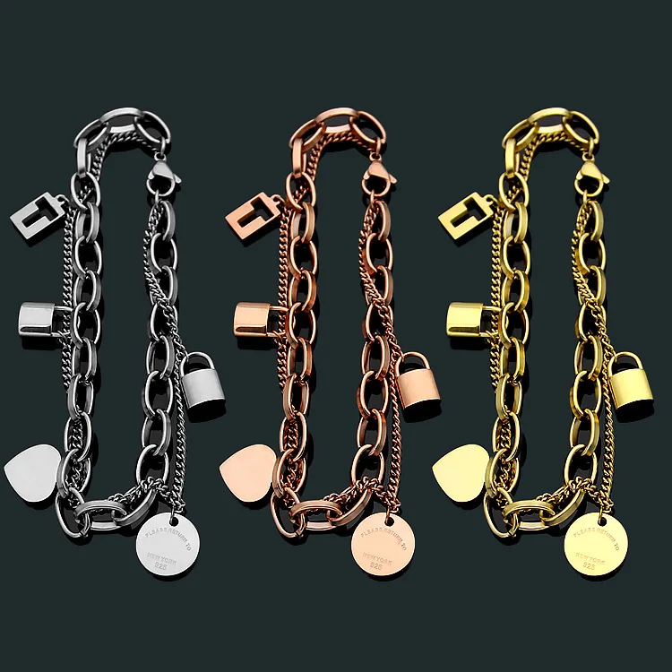 

New hot sell fashion T letter titanium steel peach heart lock double chain Bracelet for women Top quality fashion bracelet