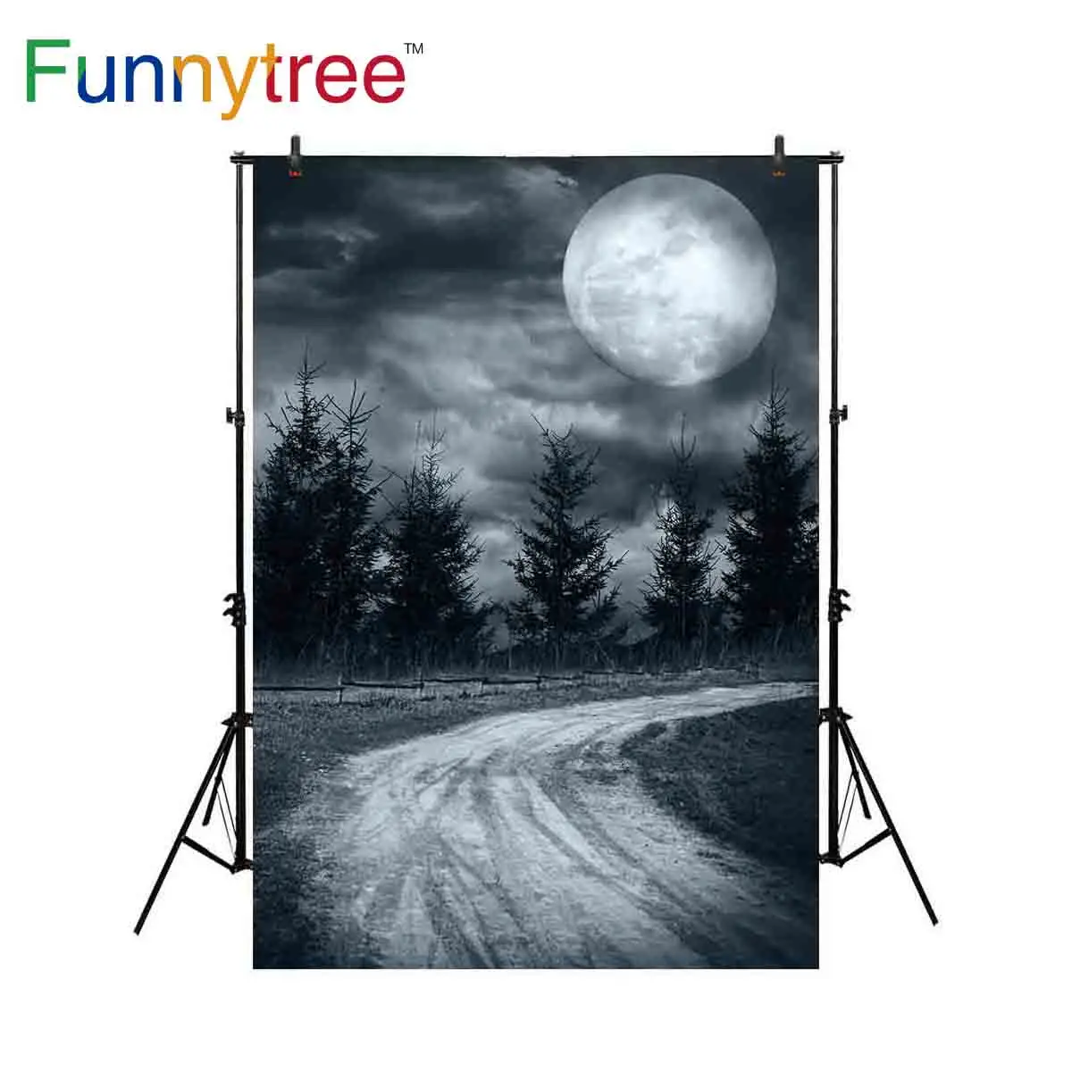 Фон Funnytree для фотостудии Хэллоуин ночное виденье Большая луна лес тропинки