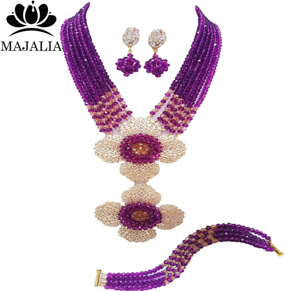 

Majalah Classic Nigeria Wedding African Beads Jewelry Set Purple Crystal Necklace Bracelet Earrings Free Shipping VU019