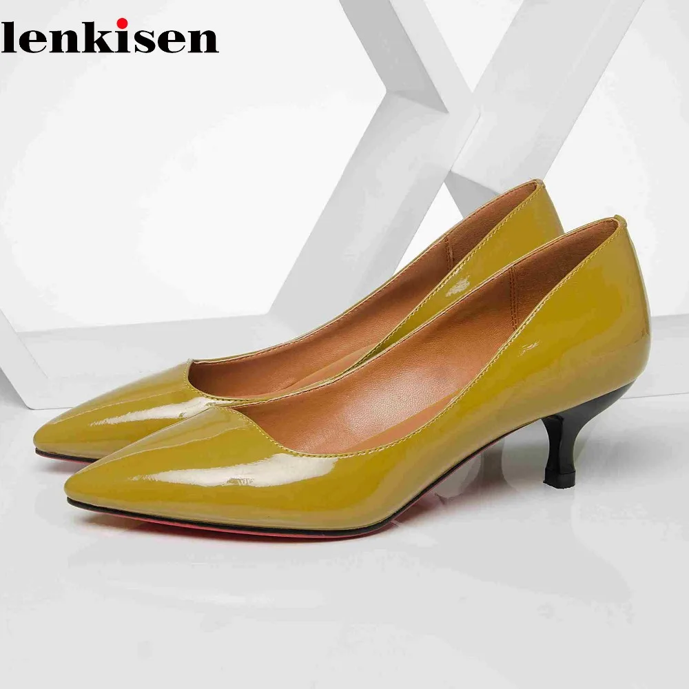 

Lenkisen Autumn season cow leather pointed toe thin med heel slip on mature women patent leather runway career cozy pumps L21