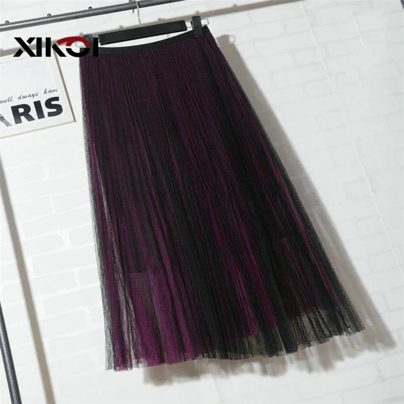 XIKOI Женская винтажная юбка плиссированная Осенняя эластичная Тюлевая сетчатая юбка с высокой талией Женская длинная Плиссированная Юбка-пачка Женская Jupe Longue