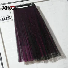 XIKOI Женская винтажная юбка плиссированная Осенняя эластичная Тюлевая сетчатая юбка с высокой талией Женская длинная Плиссированная Юбка-пачка Женская Jupe Longue