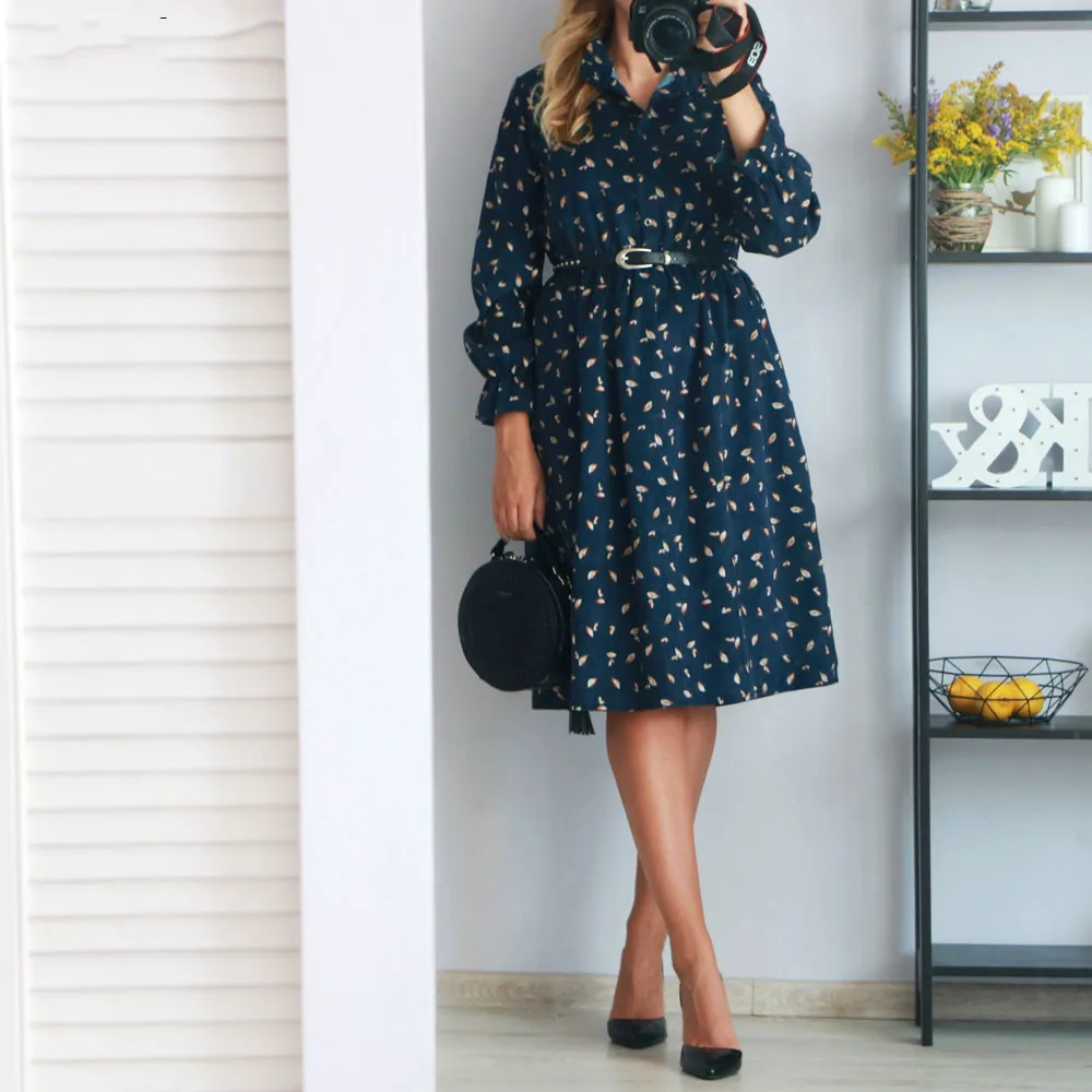 

Fashion Women's Autumn Winter KlWomen's Clothing Vintage Loose Stand Collar Sleeves Floral Print Elastic Waist Corduroy Dress