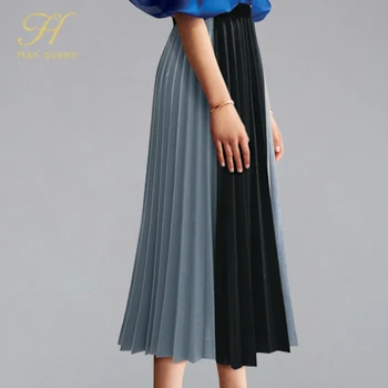 

H Han Queen Contrast Color Chiffon Pleated Swing Skirt Women High Elastic Streetwear Skirts Fashion Casual Mid-calf A-line Skirt