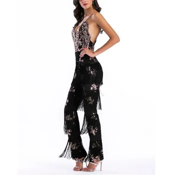 

2019 Women Backless Sexy Jumpsuit Sequin Tassel Overalls High Street Elegant Playsuit