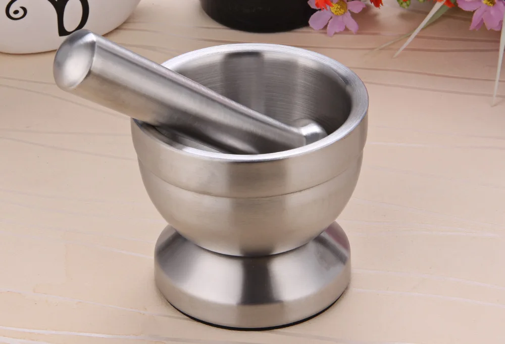 Double Stainless Steel Mortar and Pestle Pedestal Bowl Garlic Press Pot Herb Mills Mincers