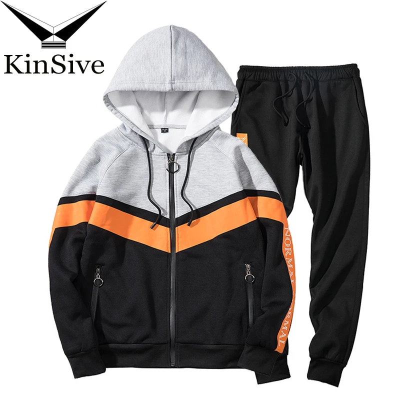 Men Sportswear Set Brand Mens Tracksuit Fitness Clothing 2 Two Pieces Patchwork Hooded Jacket + Pants Casual Men's Track Suit