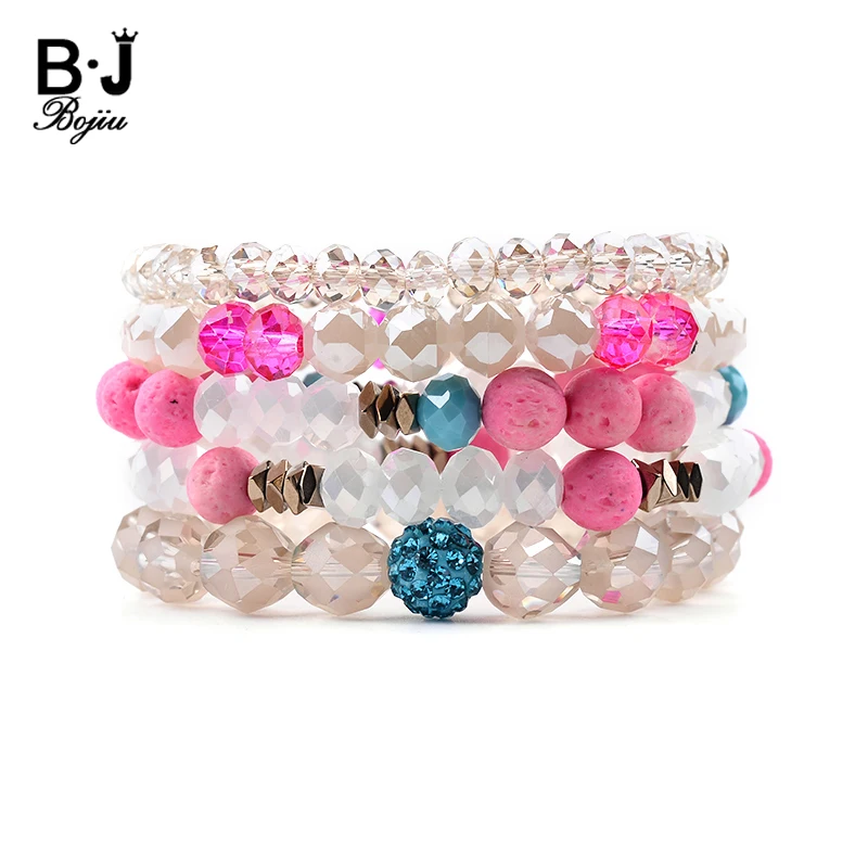 

BOJIU 5 Pcs/Set Multiple Layers Women Bracelets Elastic White Tea-color Gray Red Crystal Hematite Lava Beads Bracelets BCSET253