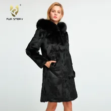 Fur Story натуральный кроличий мех пальто с лисой капюшон зима теплая большая толстовка натуральный Меховая куртка женская верхняя одежда 151254
