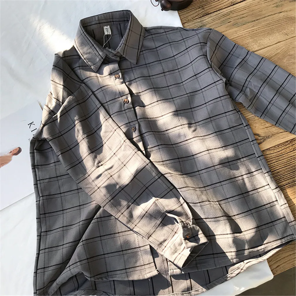 Loose cotton Checkered plaid College blouses shirt 2018 Cage female long sleeve Casual women Blouse shirt office lady tops (17)