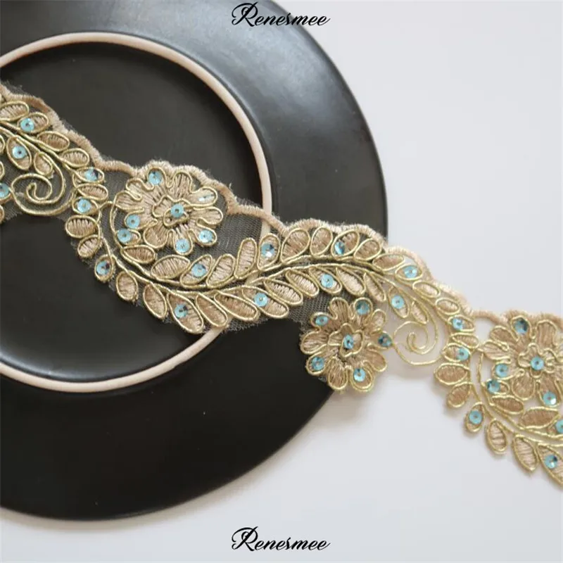 

2Yards Gold Thread Lace Flower Applique Trim Edge Handmade diy Material Wedding Clothing Applique Flower Timimg 5.5cm SX358