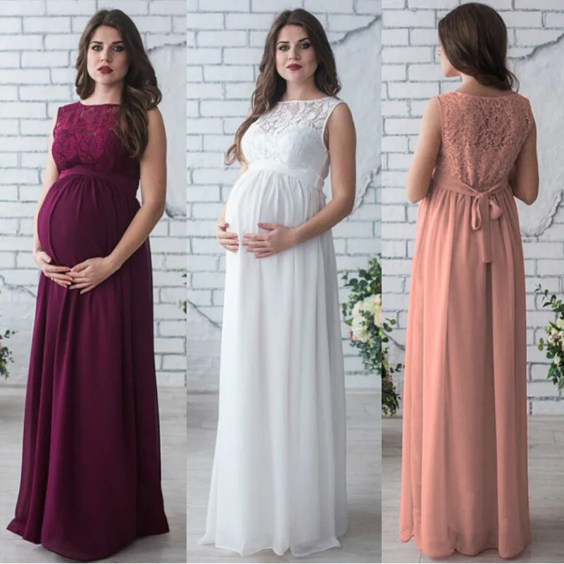 

Women Maternity Pregnancy Dress Evening Party Wedding Long Maternity Clothings Lace Red Wine Gown Pregnant Woman Dresses S~XXL