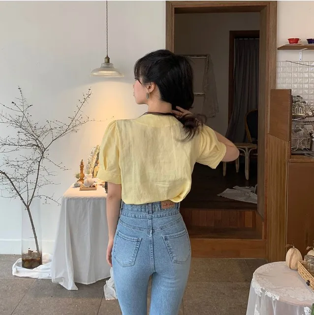 RUGOD Корейская желтая блузка с пышными рукавами летние женские топы и блузки Милая однобортная тонкая блуза с квадратным воротником