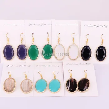 

Wholesale 5Pair Mix color Pave Cz Faceted Oval natural stone hook dangle earrings High quality Gems jewelry