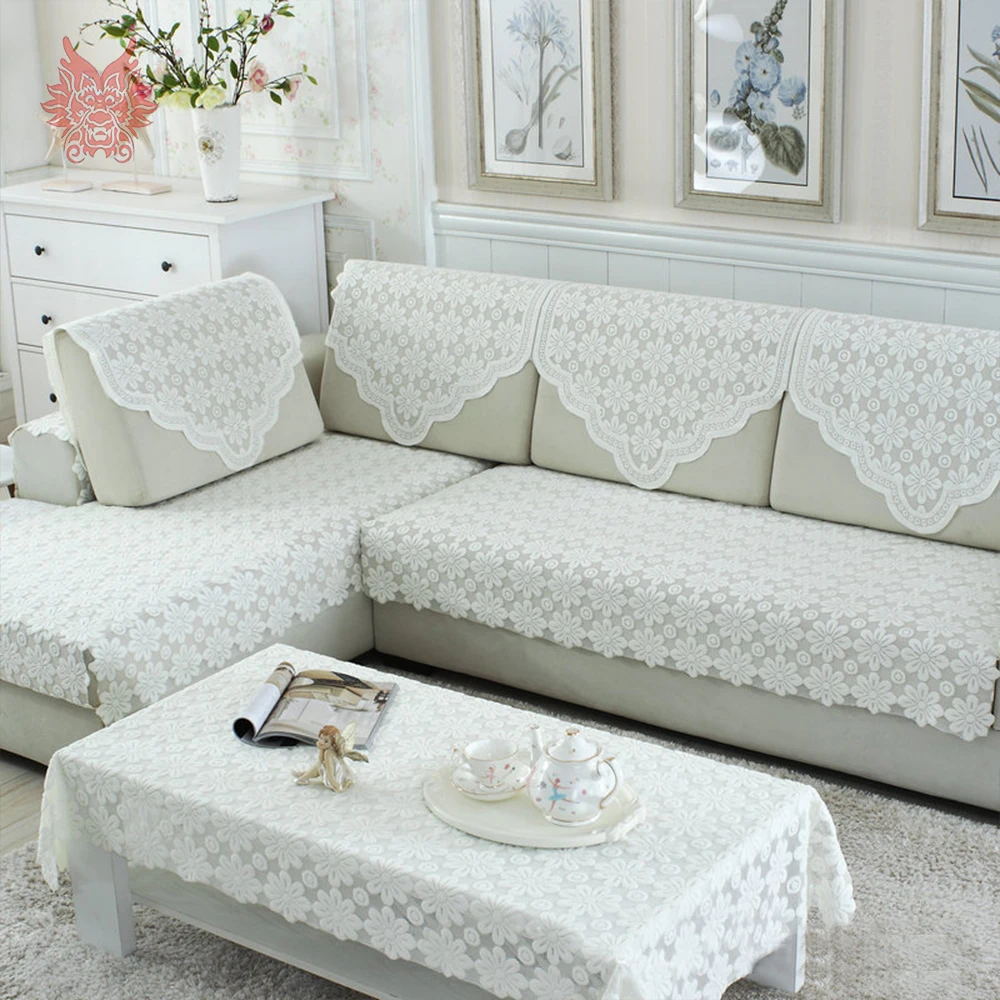 Korean style white floral embroidery cheap lace sectional sofa cover