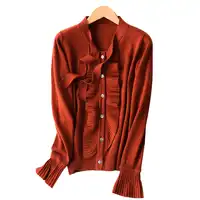 2019 Autumn New Pure Cashmere Cardigan Women V-Neck Cardigan Fashion Bow Wooden Ear Collar Loose Short Paragraph Knitted Sweater