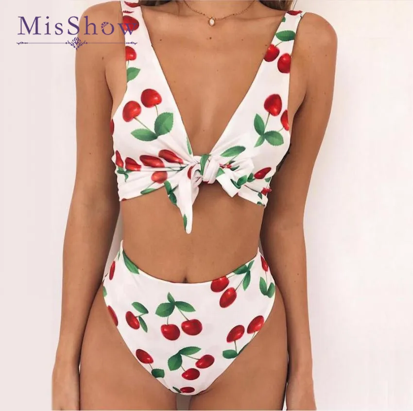 

Misshow 2018 New Cherry Printed Front Tie Knot Bikini Set Multi Color Floral Print Bathing Suit Beachwear Hot Summer Monokini