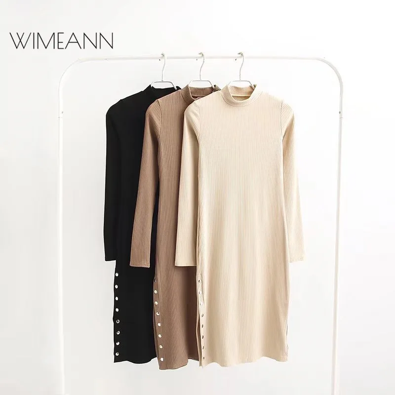 Wimeann Black Sexy Knitted Dresses Women Long Sleeve O Neck Sheath Spring Winter Dress font b