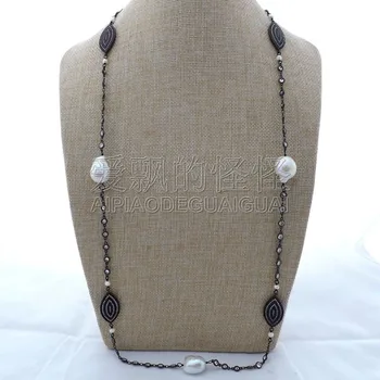 

N080117 36" White keshi Pearl CZ Chain Long Necklace