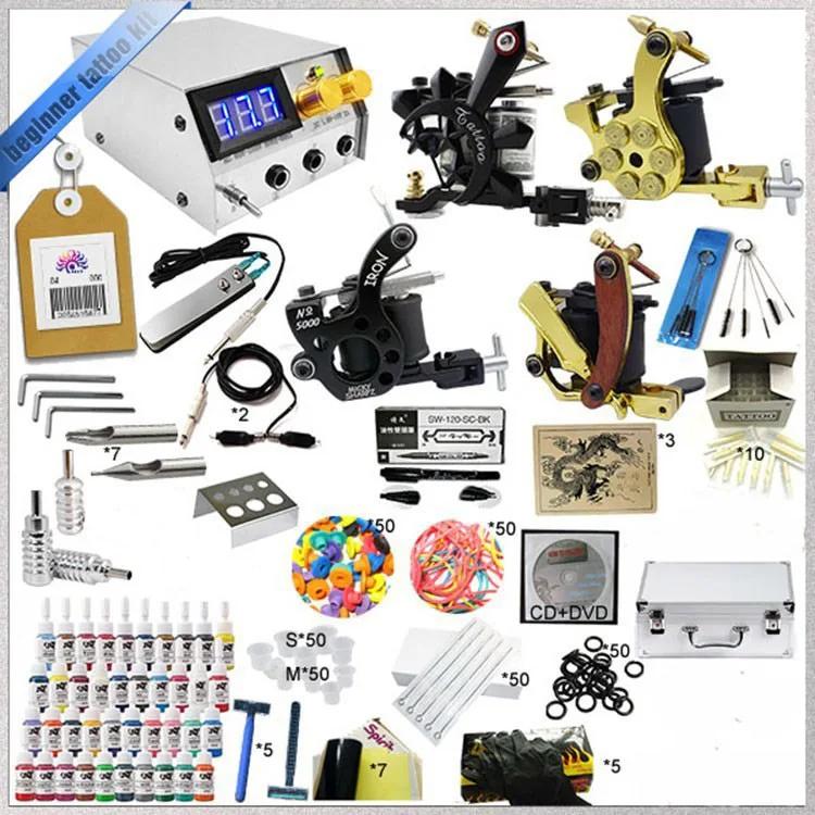 Complete Tattoo kits 3 guns machine 1/6oz black tattoo ink sets power