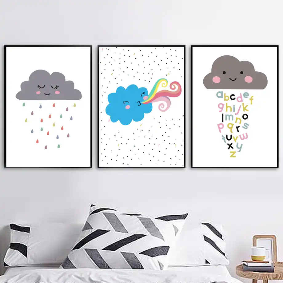 Cartoon Blue Cloud Raindrop Alphabet Wall Art Canvas Painting Cartoon Blue Cloud Raindrop Alphabet