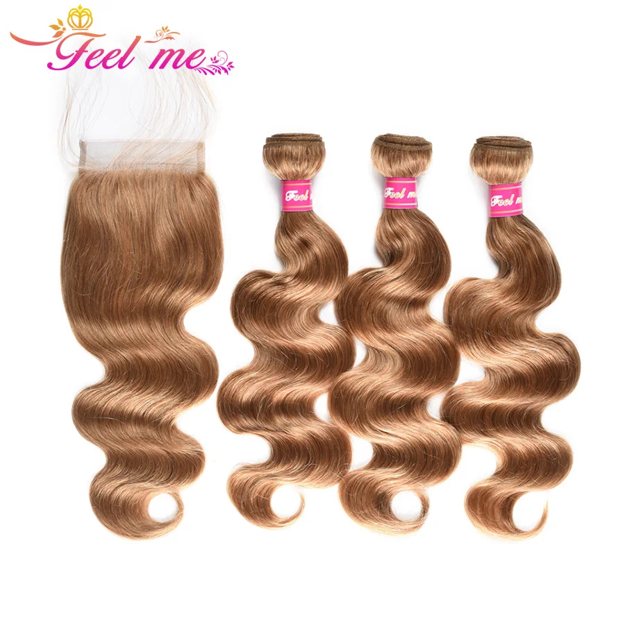 

Indian Hair Bodywave 3 Bundles With Closure Human Hair Blonde Bundles With Closure Pure Color Non-Remy Hair #27 Feel Me Hair