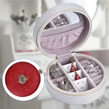 

Portable PU Leather Earring Holder unique design Crown Decoration Round Jewelry Case Box organizer Storage holder with Mirror c