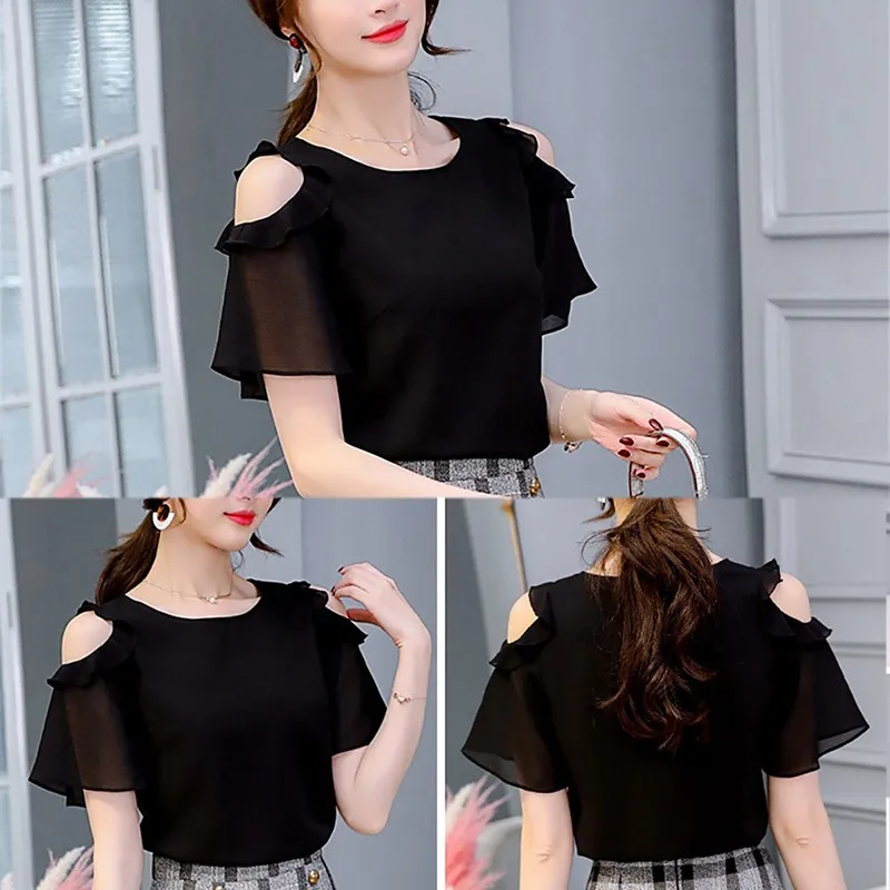 Summer Ladies Black Tops Chiffon Shirts Blouses Women Sheer Cheap Clothes China Femininas Camisas Clothing Female