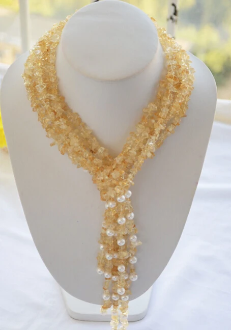 

Jewelr 005685 4strands 50" citrine detritus/ 8mm round freshwater pearl necklace