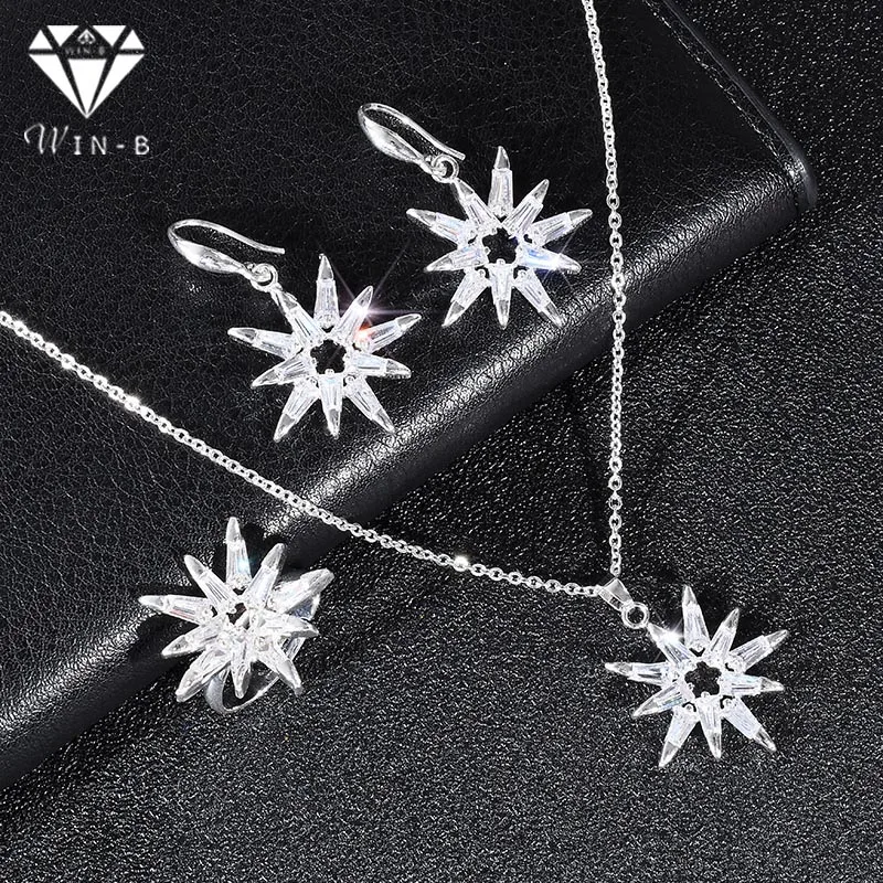 

WIN-B White gold Elegant AAA Zircon Necklace Set Crystal Three-piece Set Snowflower Necklace Ear Rings Jewelry Set Party