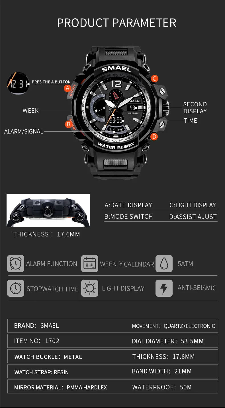 SMAEL Мужские часы от ведущего бренда, электронные, светодиодный, цифровые наручные часы для мужчин, спортивные часы для мужчин, военные часы, мужские часы 1702 xfcs