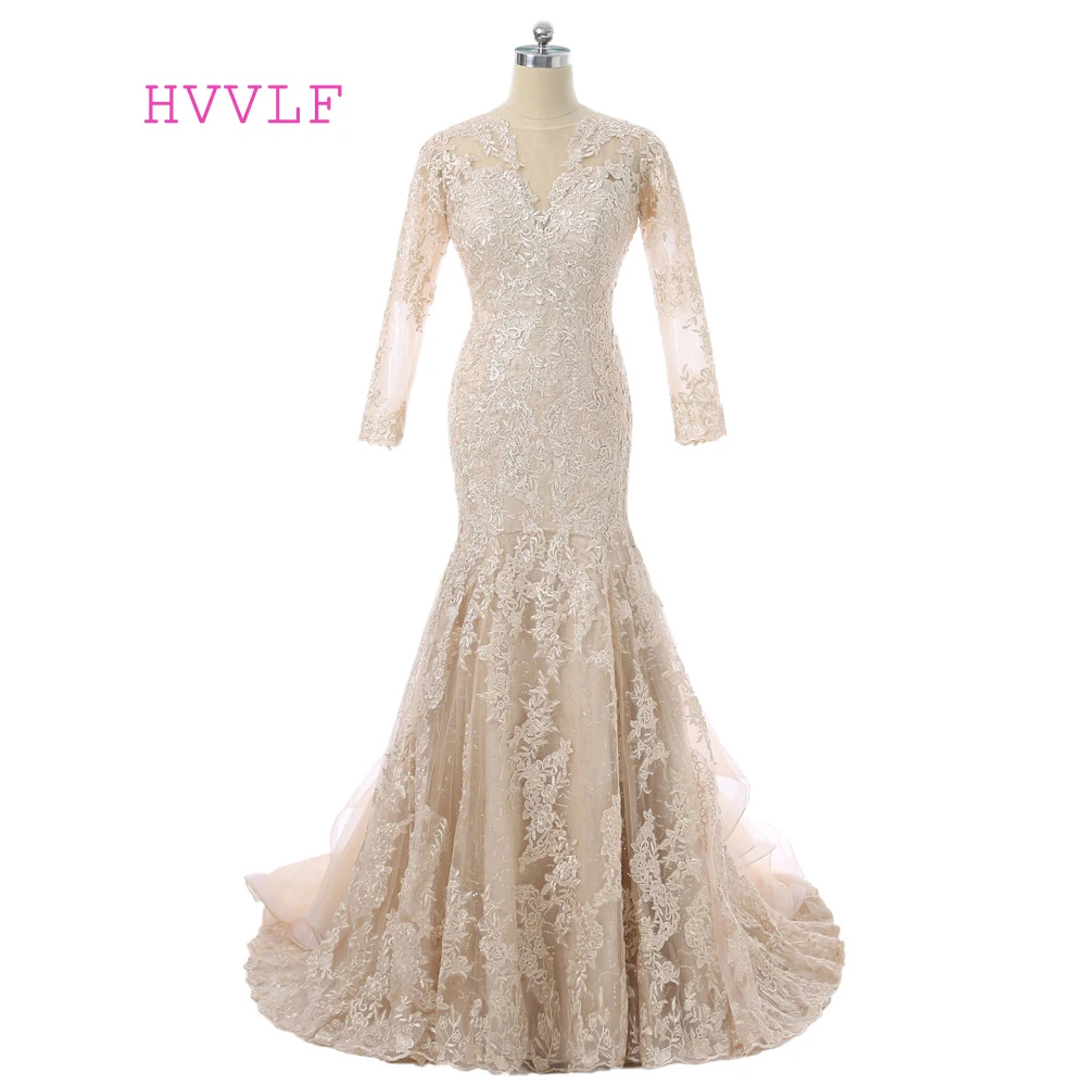 Шампанское Vestido De Noiva 2019 мусульманские свадебные платья Русалка Одежда с длинным рукавом Аппликации кружево свадебное платье в богемном