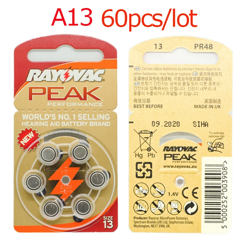 

60 Pieces RAYOVAC PEAK Zinc Air Hearing Aid Batteries A13 13A 13 P13 PR48 Free Shipping 60 PCS Hearing Aid Battery